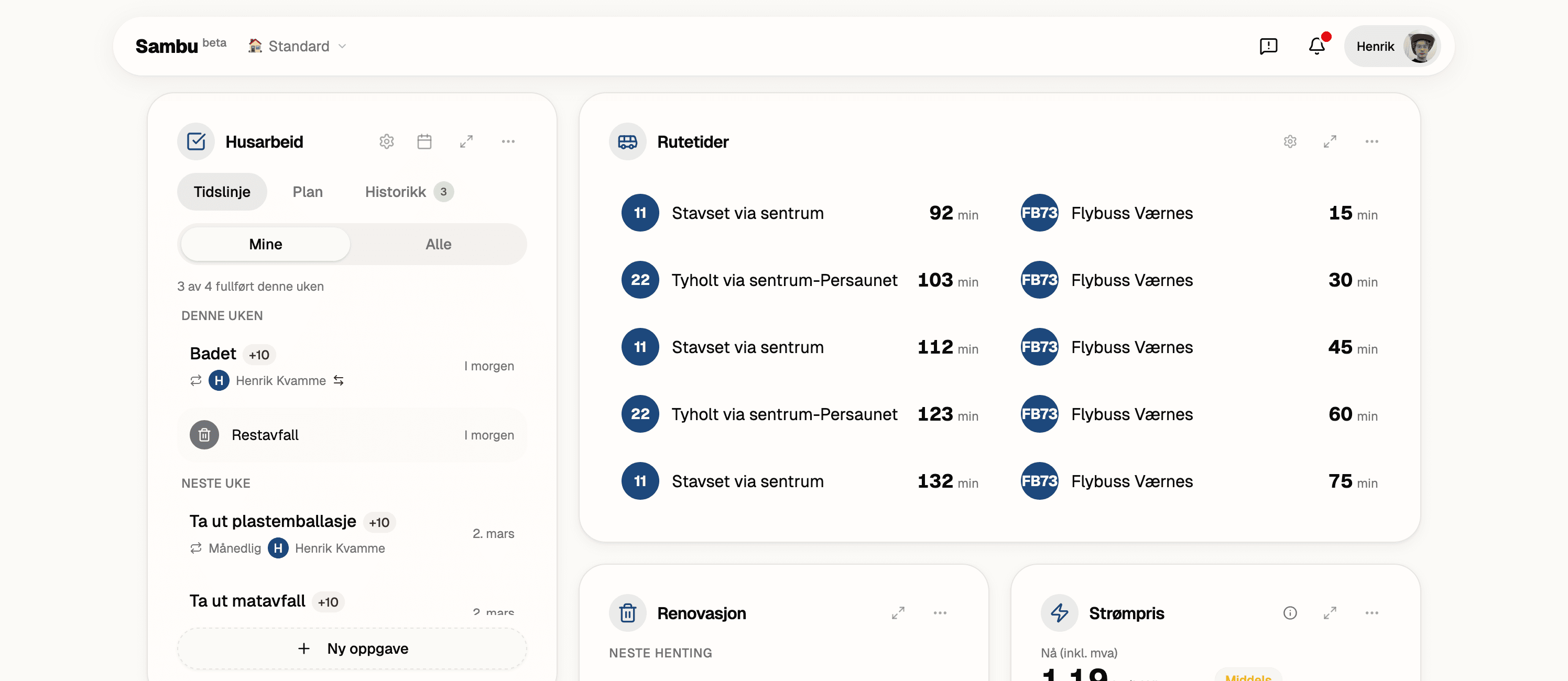 Sambu dashboard with widgets for chores, bus times, shopping list, electricity prices, and more